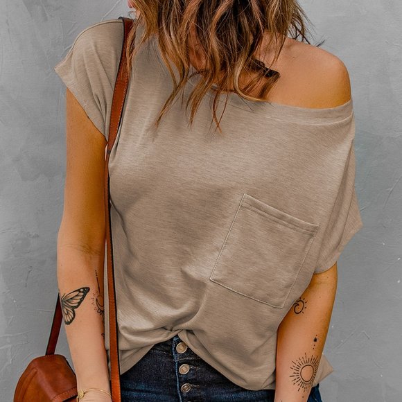 Off The Shoulder Pocket Tee Light Brown - Picture 2 of 9